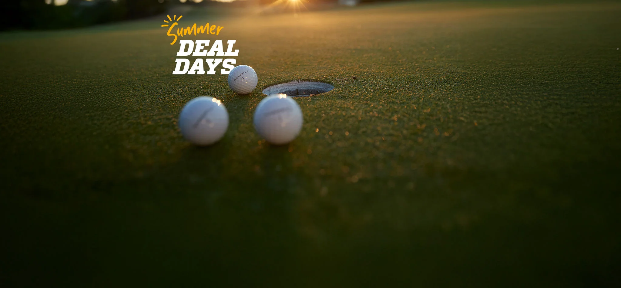 Summer Deal Days. Golf balls on a course with a sunset in the background.