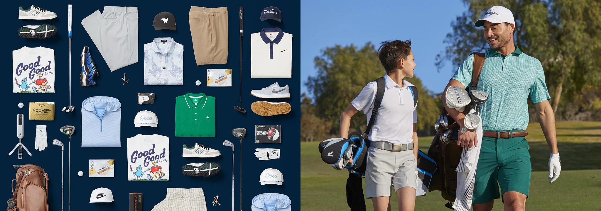 A father and son walking down a fairway.