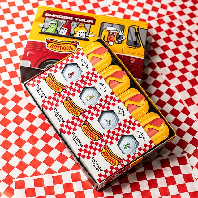Hotdog themed packaging for golf balls.