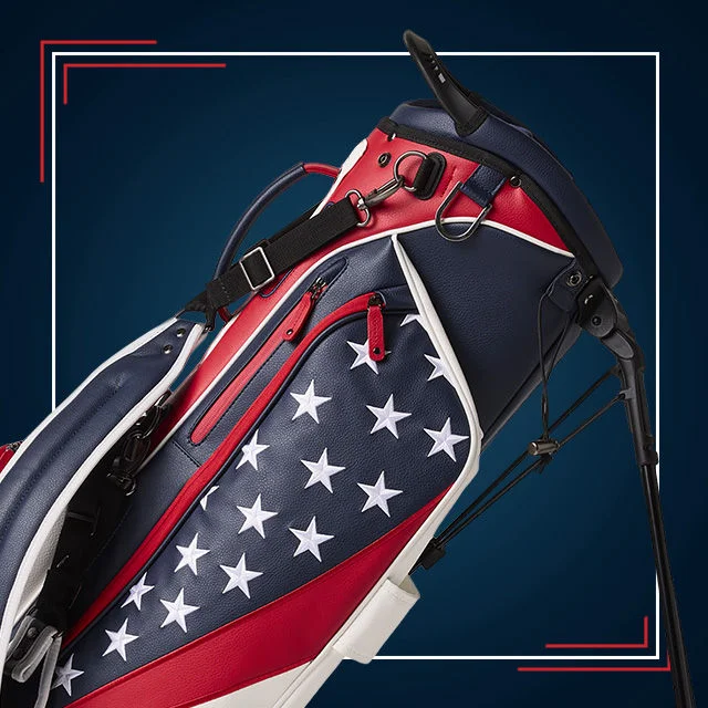 Red white and blue golf bag.