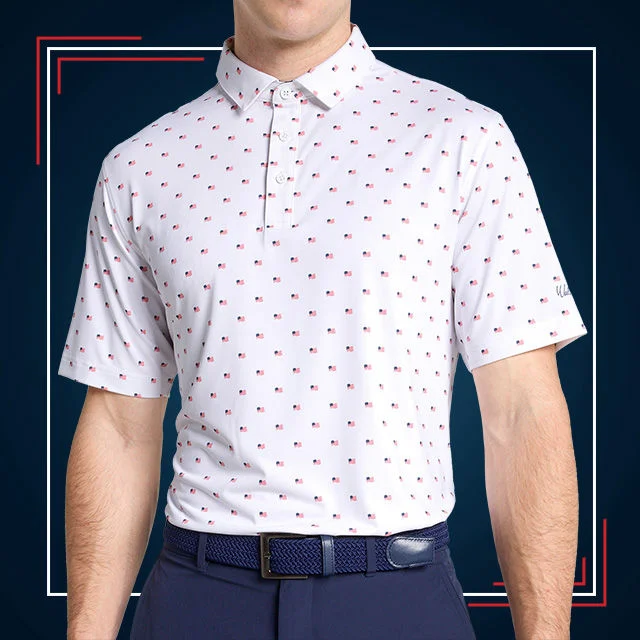 Man wearing white shirt with American flags pattern.
