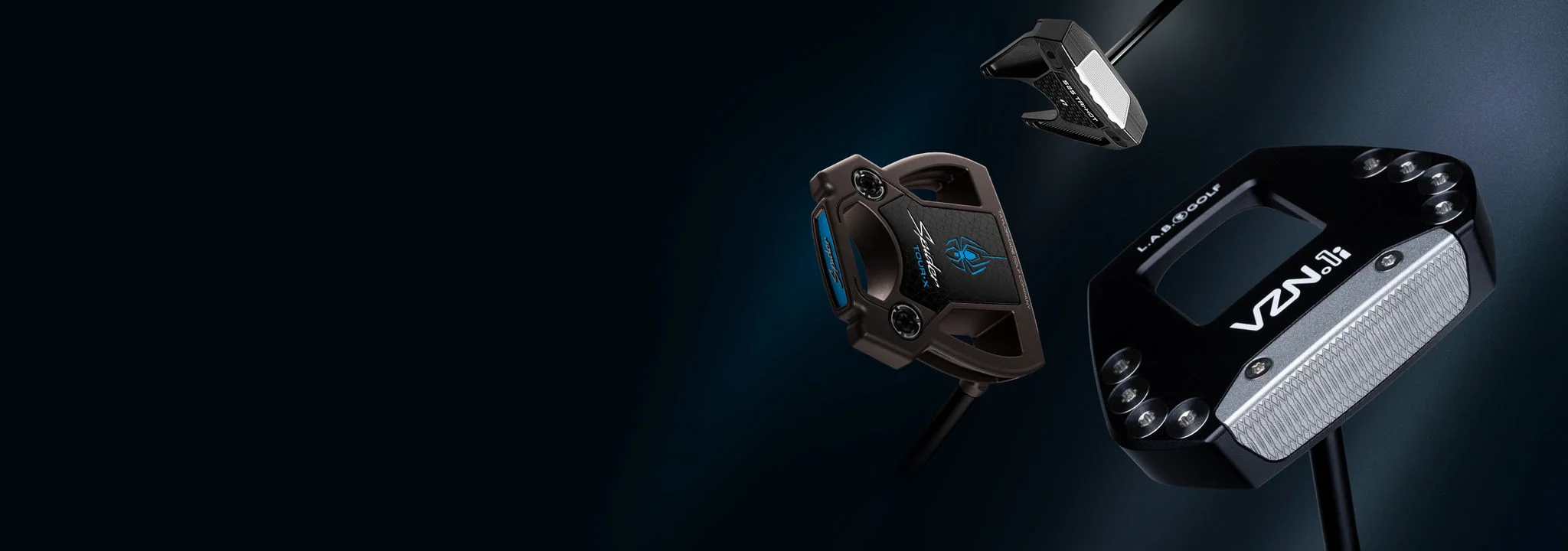Three putters on a dark backdrop.