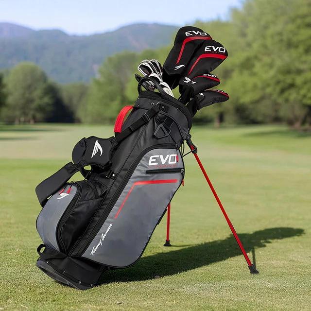 Golf bag set on a course.