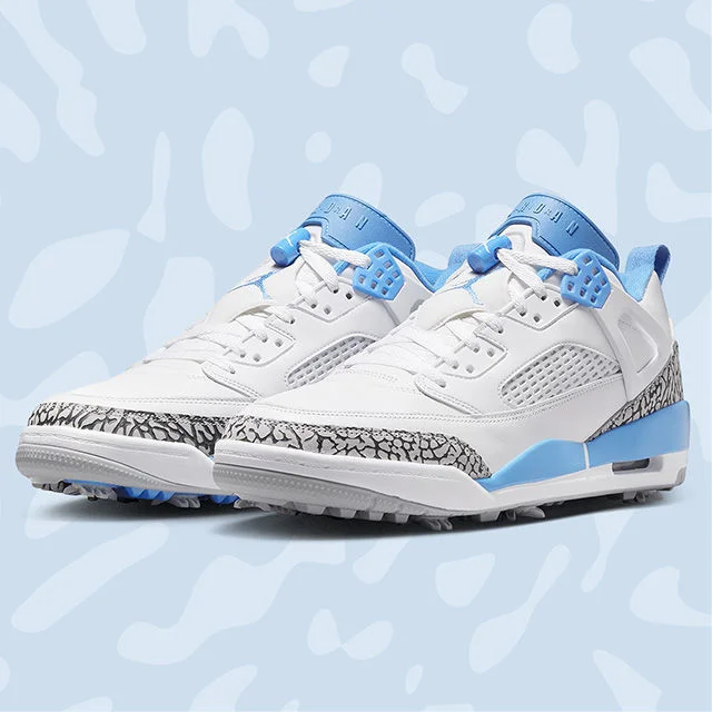 White Jordan shoes with blue accents and grey pattern.