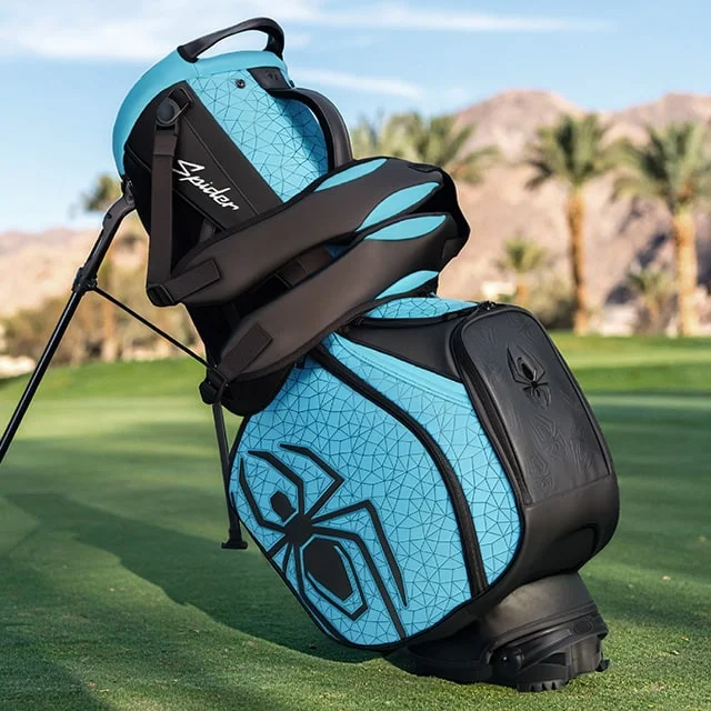 Blue and black golf bag with Spider graphic.
