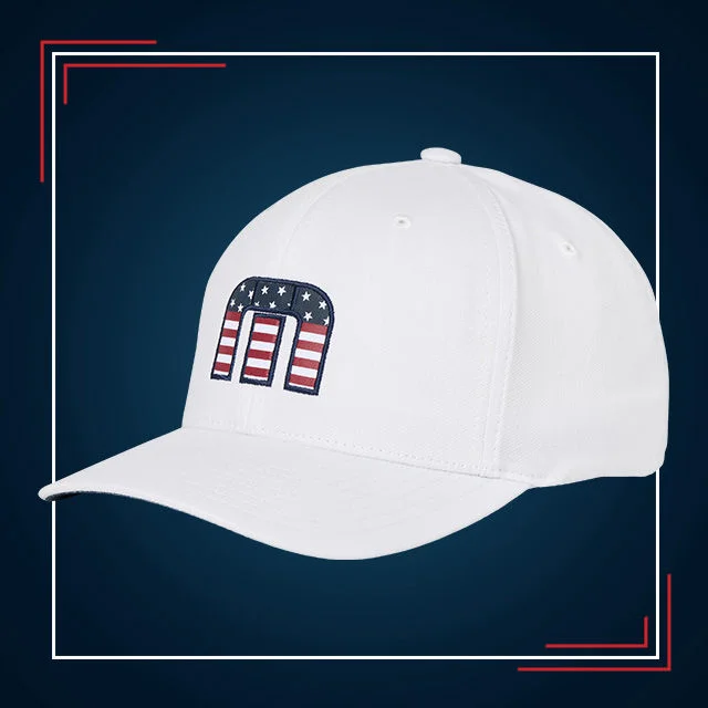 White hat with American flag detail.