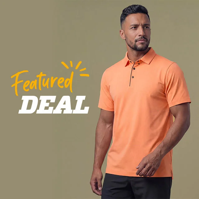 Featured deal. Man in coral polo.