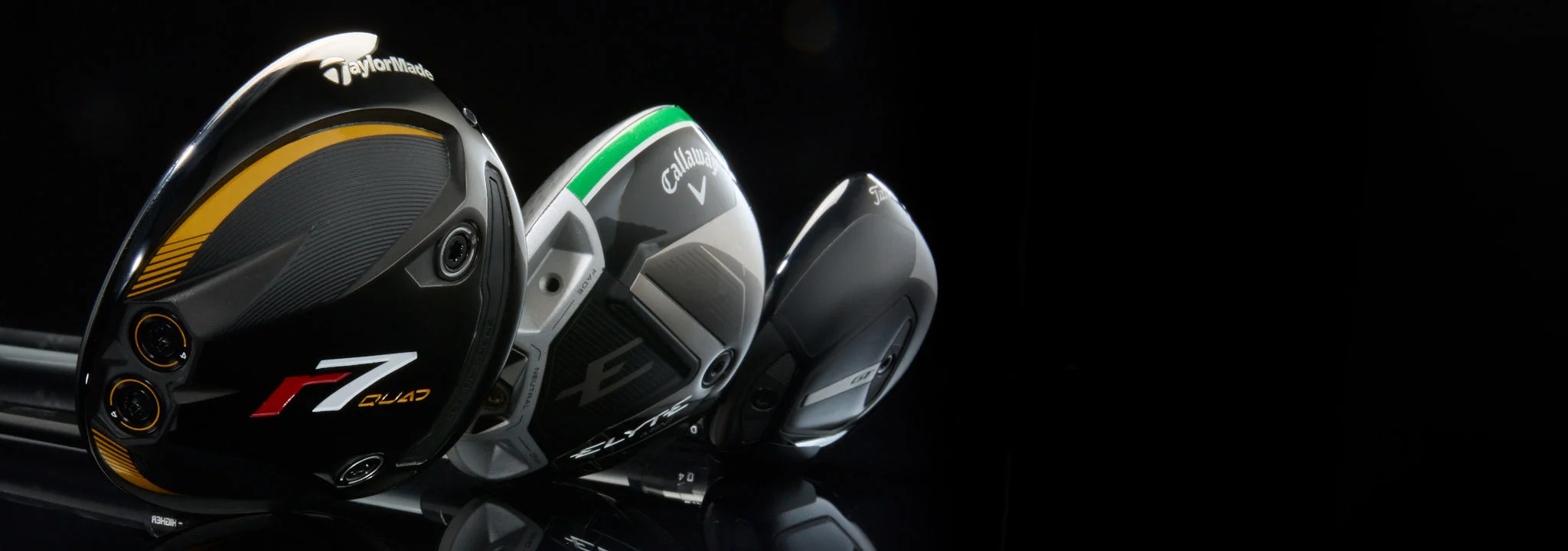 TaylorMade R7 Quad, Callaway Elyte, and Titleist GT mini drivers.
