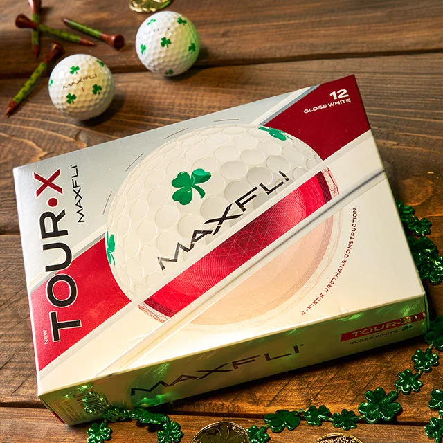 Maxfli Tour X golf balls with a shamrock printed on them. 