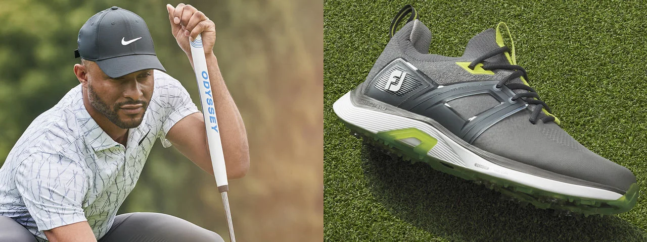 A man wearing Nike gear and FootJoy shoes.