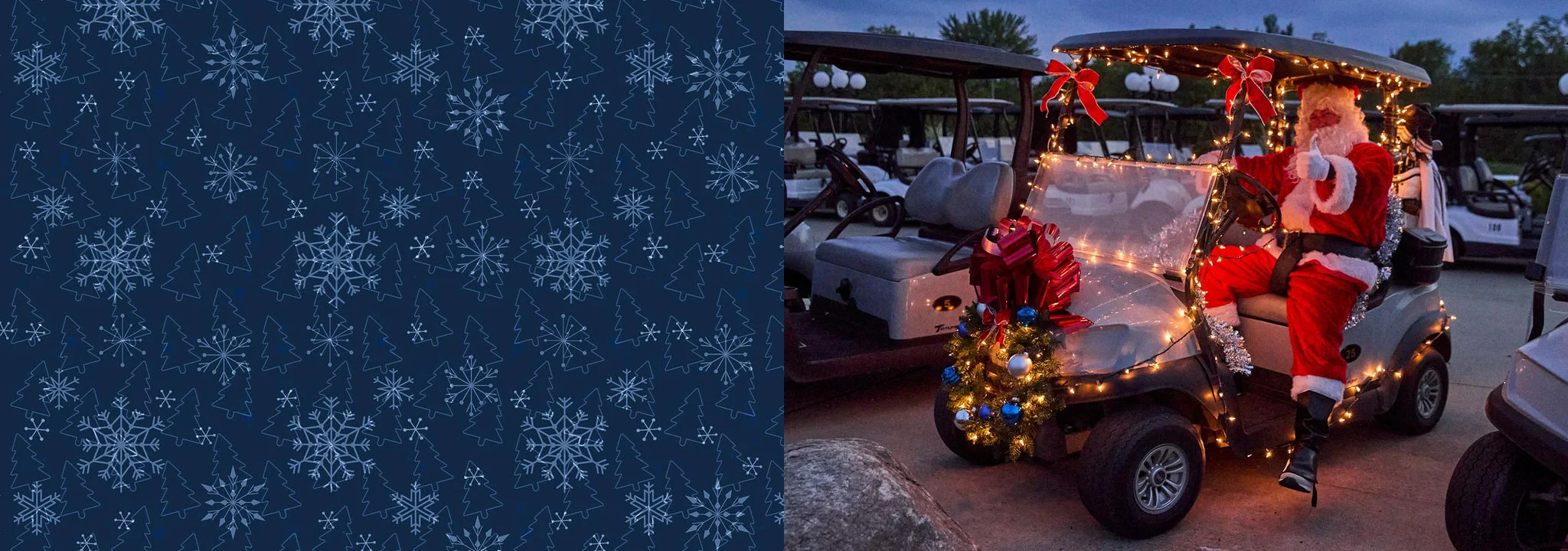 Santa riding in a golf cart.