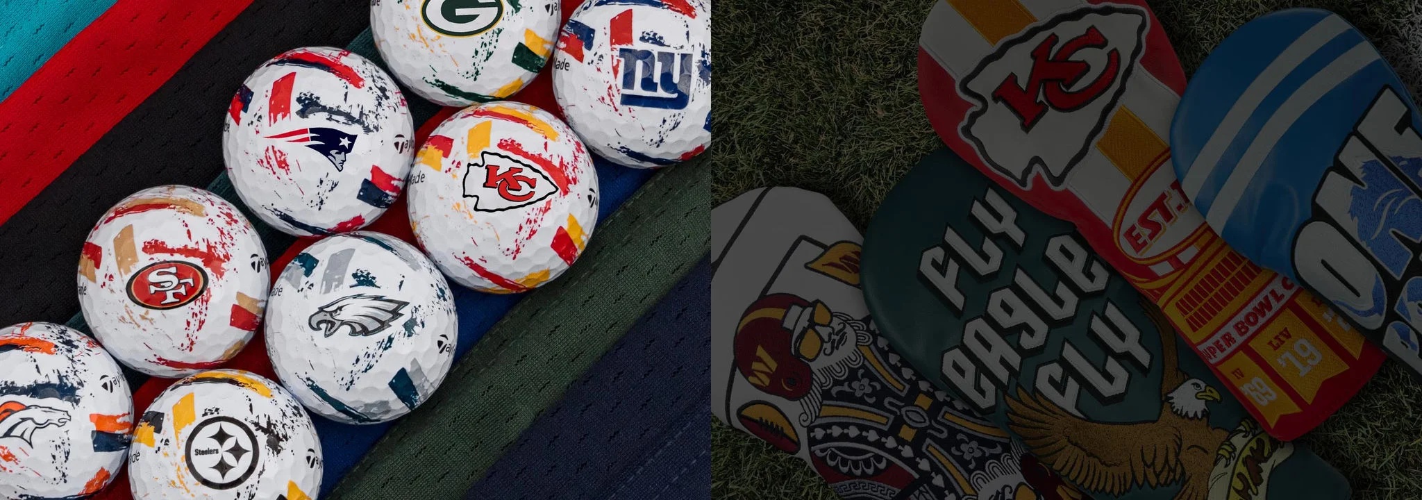 An NFL Collection of golf balls and headcovers.