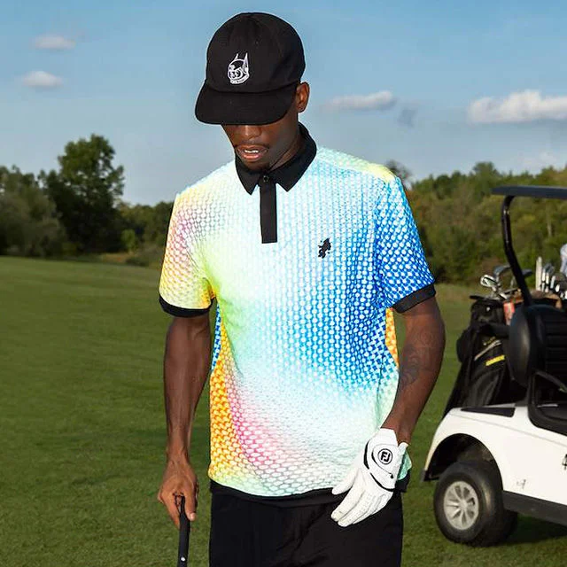 Golfer wearing colorful gradient polo shirt