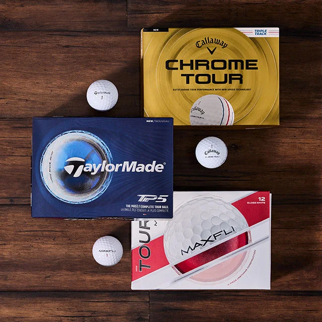 Callaway, TaylorMade, and Maxfli golfballs.