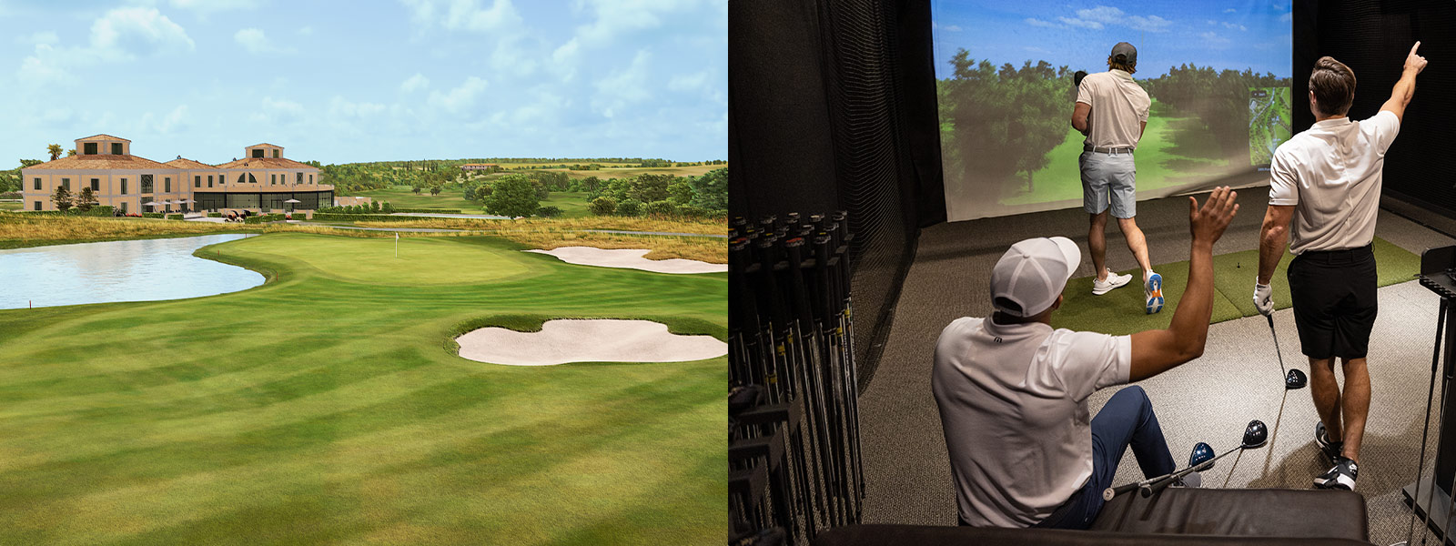 Marco Simone golf course and golfers hitting in a simulator.